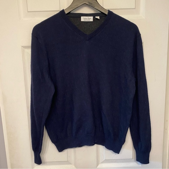 Calvin Klein Merino Wool Men's Deep Blue long sleeve V-Neck Sweater large - Picture 1 of 11